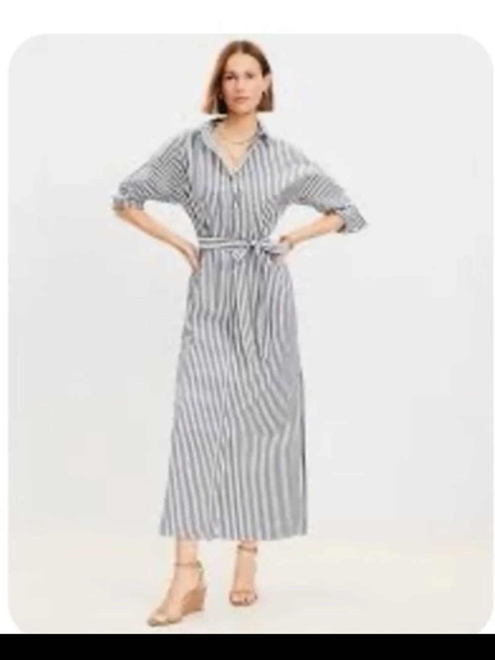 LOFT Grey/White Striped Poplin Belted Pocket Shirtdress size Large - Picture 3 of 12